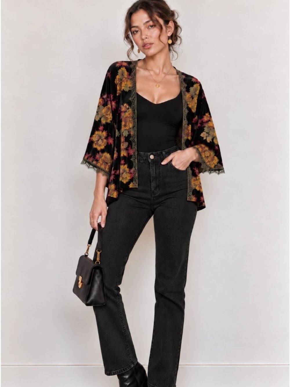 W5 Floral Burnout Velvet Kimono Cardigan XL Lace Sheer Boho Whimsical Dark Fairy